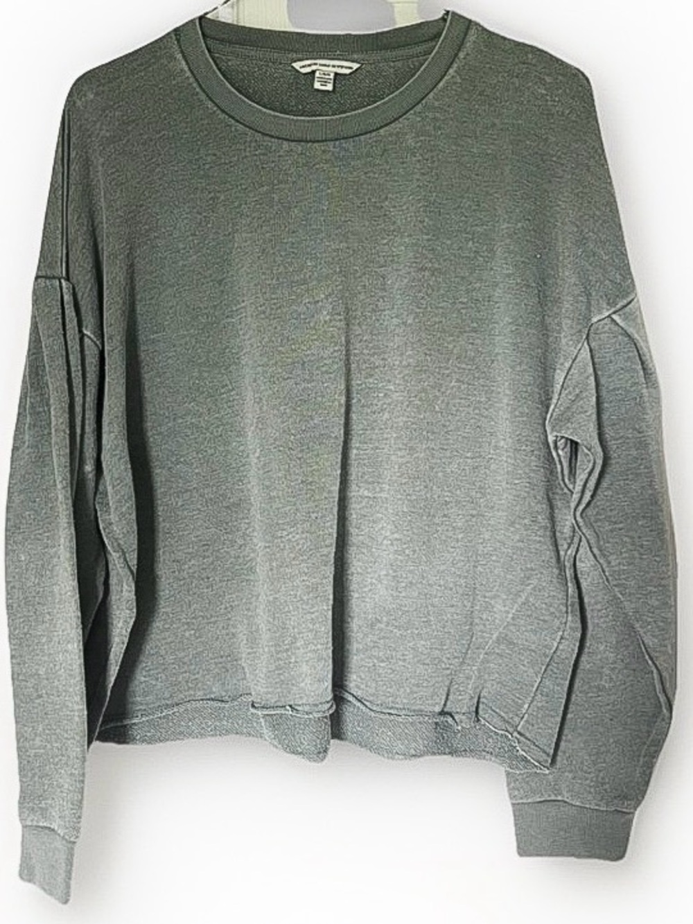 American Eagle Women’s Large Sage Green Cropped Long Sleeve Crewneck Puff Sleeve